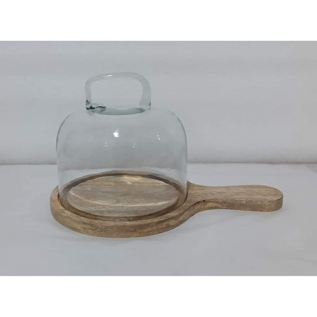 Cake Cover Glass & Mango Wood H 6.3" & Dia 7.9" - Clear