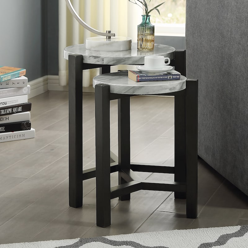 Bittar Transitional Brown Grey 20-inch Faux Marble Top Nesting Side Table by Furniture of America - Brushed Brown Grey