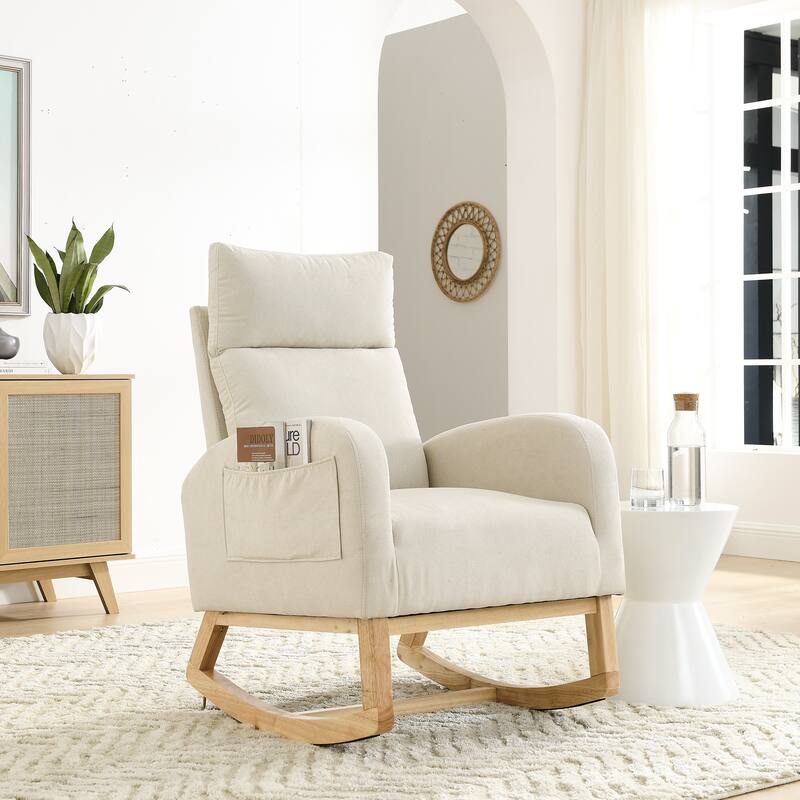 Modern Accent High Backrest Living Room Lounge Arm Rocking Chair: Each Armrest Has a Large Pocket