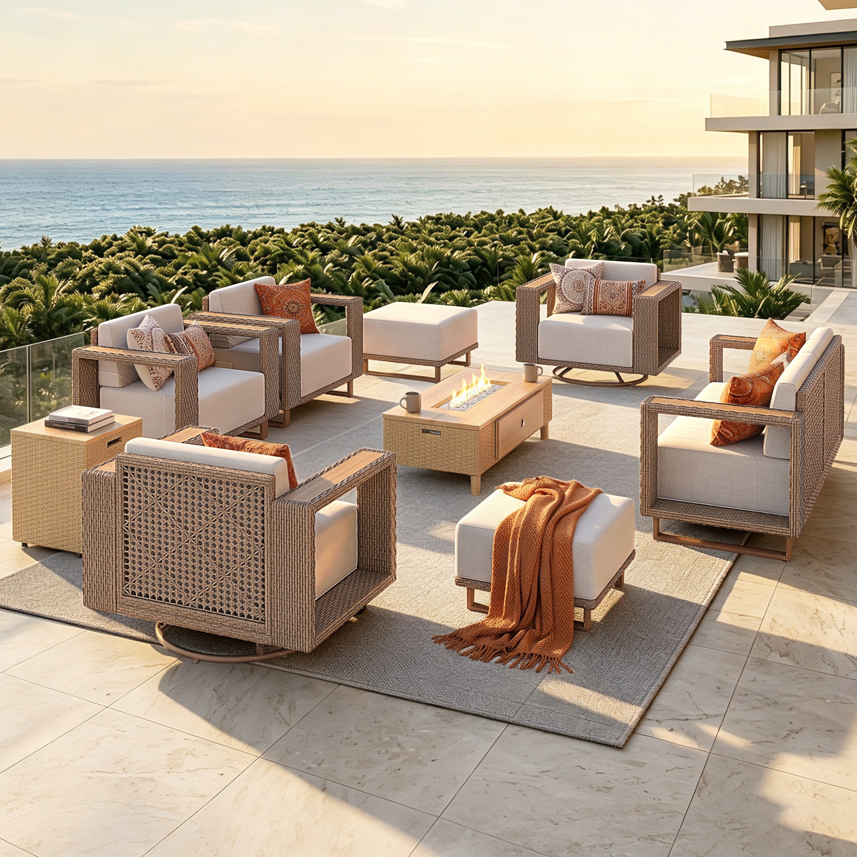 MAISON ARTS Outdoor Conversation Sets with 10" Thick Cushions, L Shaped Modular Rattan Wicker Sectional Sofa with FirepitTable