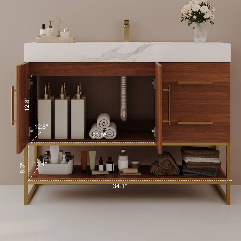 36 Inch Modern Bathroom Vanity with Seamless Ceramic Sink, Freestanding Cabinet with Gold Accents and Storage