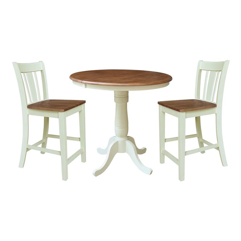 36" Round Top Pedestal Extension Table Counter Height With 12" Leaf and San Remo Counterheight Stools - 2 Chair - Hickory/Shell