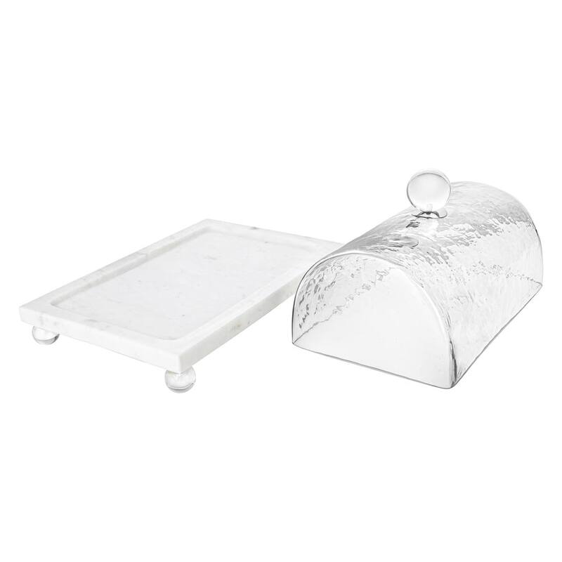Marble Cake Plater with Glass Cover with Clear Ball Knob - 10.4"L