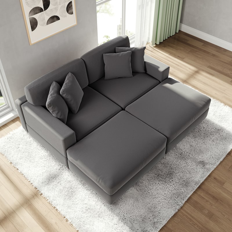 Modular Corduroy Sectional Sofa Set Chaise Couch with Ottoman
