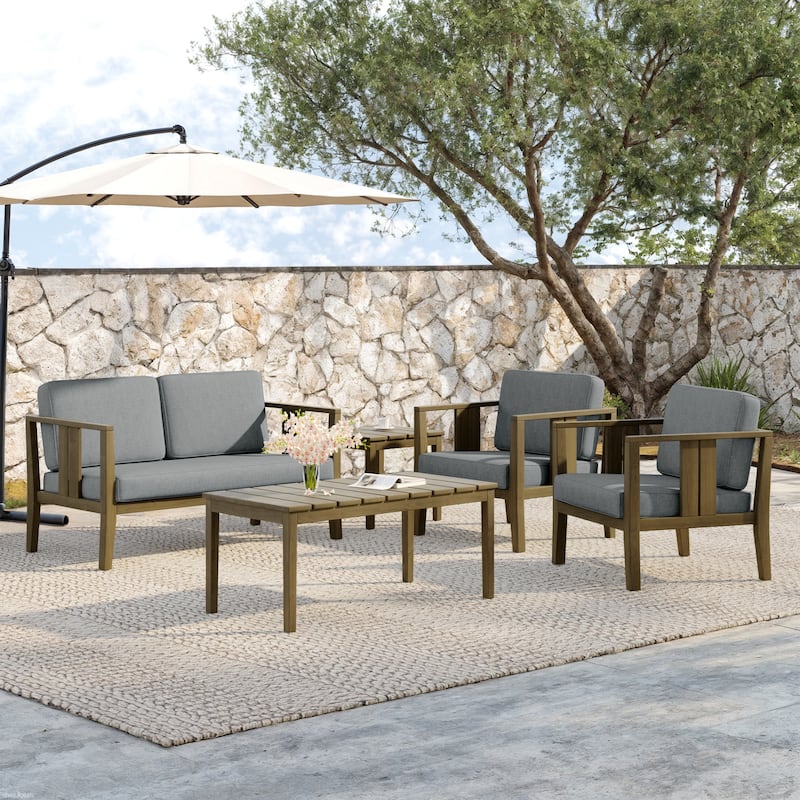 5-Piece Teak Wood Outdoor Conversation Set - Brown frame - Grey/Brown