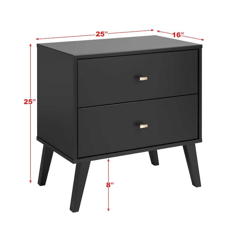 Prepac Milo Mid-Century Modern 2 Drawer Nightstand, Bedside Table, Contemporary Bedroom Furniture