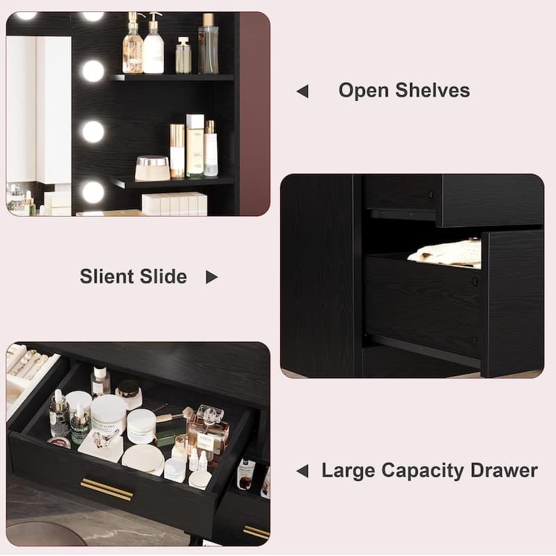 61" Vanity Table with Mirror and Lights, Pink Makeup Desk with 8 Drawers & Shelves, 3 Color Lighting Options