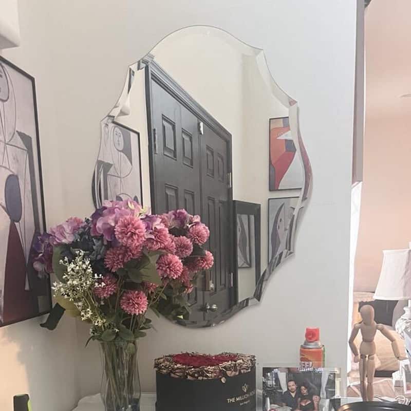 Beveled Frameless Wall Mirror Elegant Scalloped Bathroom Vanity Mirror