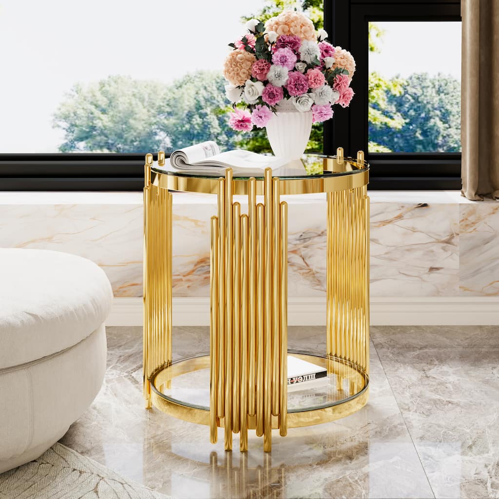 19.8" Modern Transparent Glass End Table for Living Room, Round, Asymmetrical Metal, Gold Finish & Lower Shelf