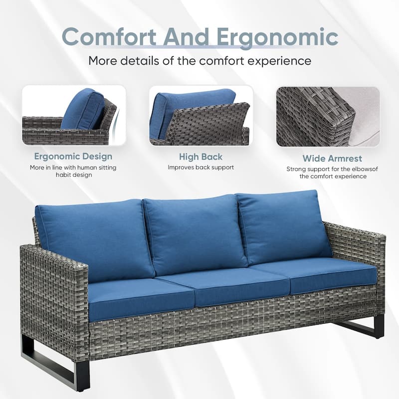 Outdoor Sofa with Swivel Chair Ottomans & Fire Pit Table - Blue cushion - Grey