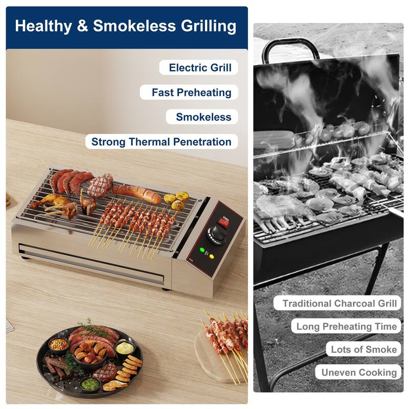 Electric Indoor Grill, 1800W Commercial BBQ Grill Smokeless Countertop Grill, Stainless Steel