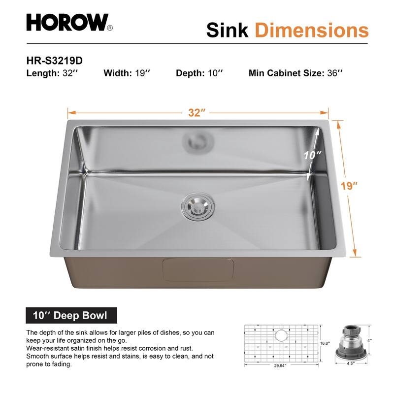 HOROW 32 in 16-Gauge Undermount Single Bowl Stainless Steel Kitchen Sink with Accessories