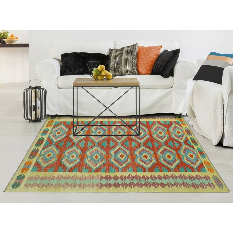 Sangat Flatweave Muiz Red/Gold Rug - 4'2" x 6'3"