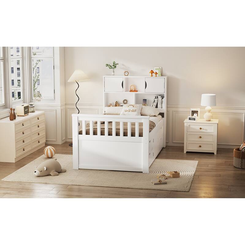 Roomfitters Twin Captain Platform Bed with Bookshelf Headboard and 4 Drawers