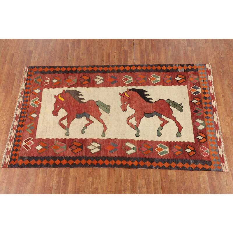 Kilim Qashqai Persian Vintage Area Rug Hand-Woven Beige Wool Carpet - 4'8"x 8'1"