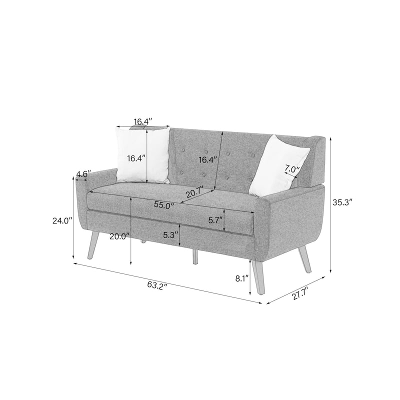 Mid-Century 63-Inch Linen Tufted Loveseat Sofa with Pillows