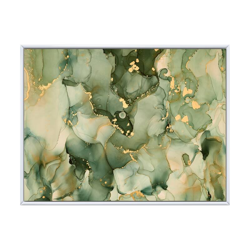 Designart "Green Luxury Abstract Fluid Art I" Modern Framed Canvas Wall Art Print