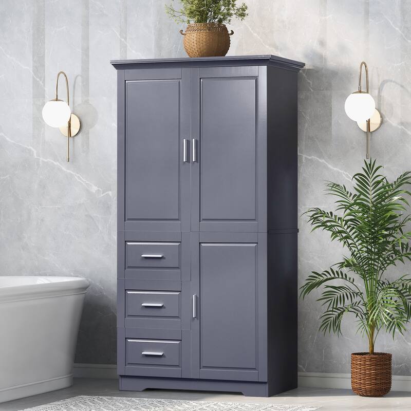 Tall and Wide Storage Cabinet with Doors,Three Drawers - Grey
