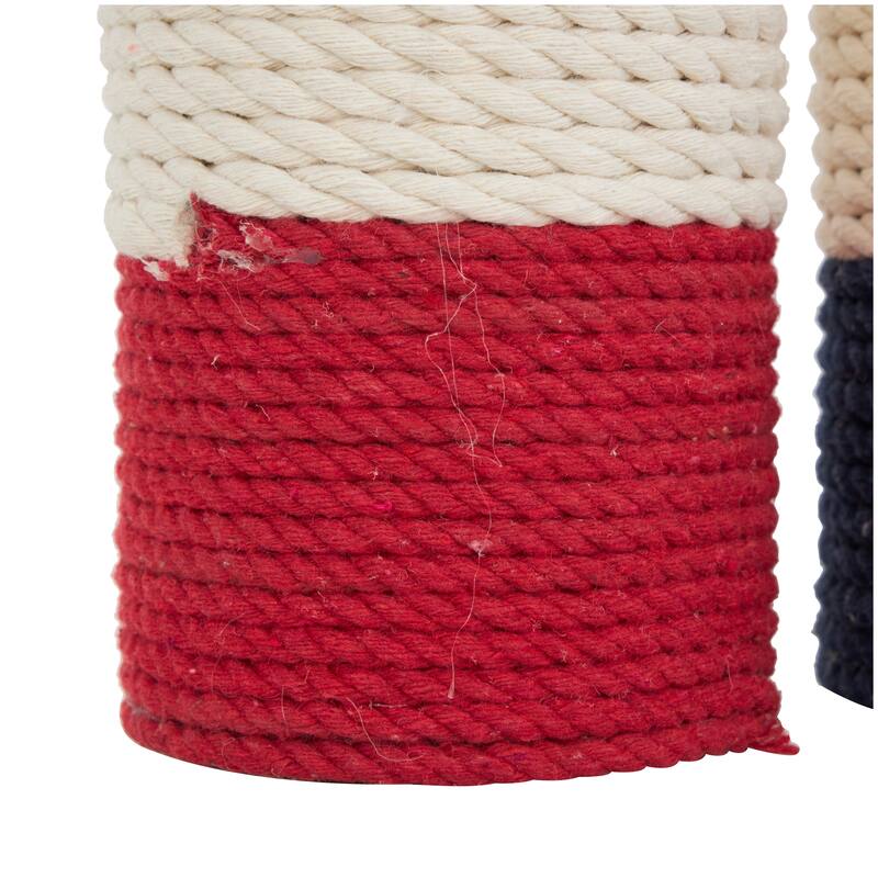 Cream Cotton Fabric Coiled Colorblock Buoy Sculpture with Red and Blue Bases (Set of 2)