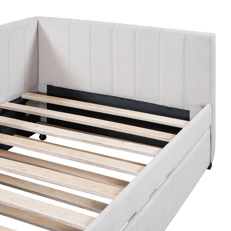 L Shaped Backrest Daybed Slat Support Sofa Bed Linen Fabric Upholstered Bed Frame with Twin Size Trundle, Twin - Beige