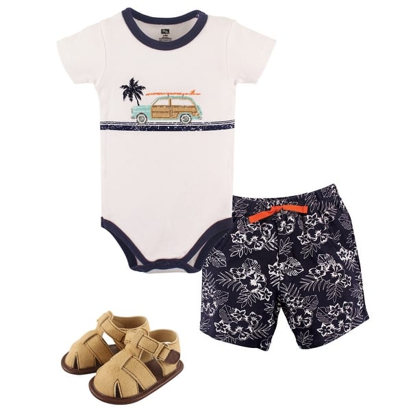 slide 1 of 1, Hudson Baby Infant Boy Cotton Bodysuit, Shorts and Shoe 3pc Set, Surf Car 9-12 Months - Surf Car