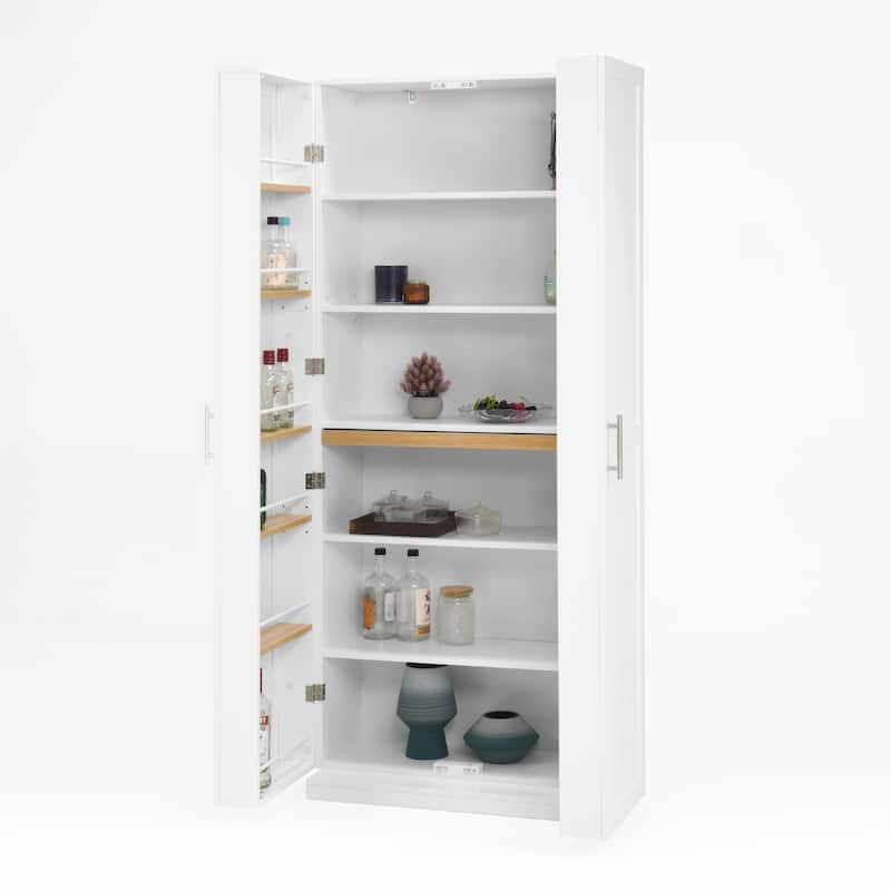 White Kitchen Pantry Cabinet with Doors and Adjustable Shelves