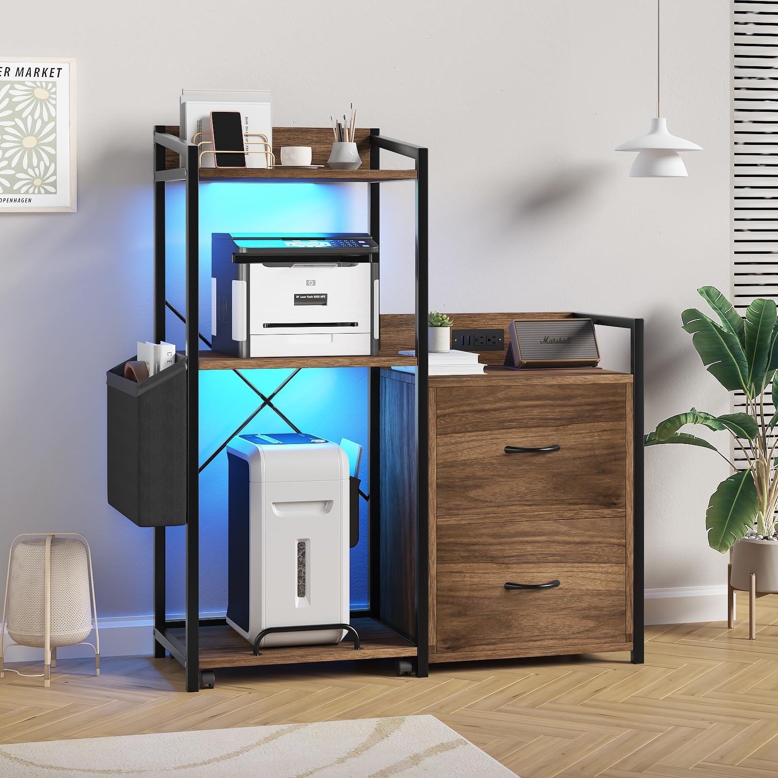 Garvee LED Filing Cabinet with 2 Drawer and Printer Stand, Charging Station, Storage Bag