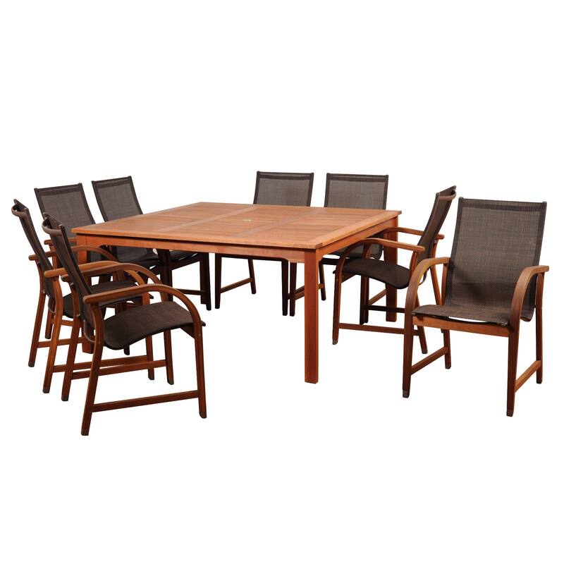 9-Piece Bahamas Eucalyptus Square Outdoor Patio Dining Set with Sling Chairs 58"
