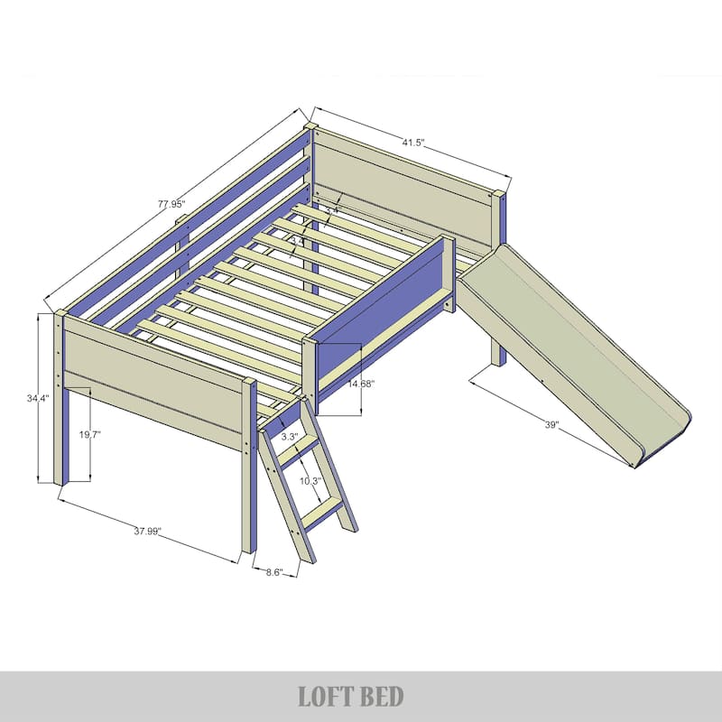 CraftPorch Classic Twin Low Loft Bed with Chalkboard, Slide and Ladder