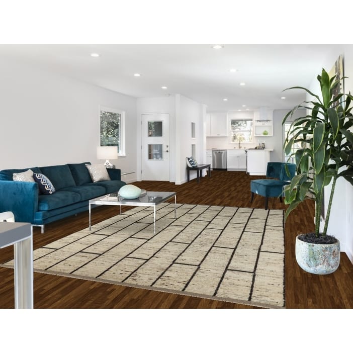 Geometric Moroccan Area Rug Hand-Knotted Beige Wool Carpet - 7'0" x 9'9"