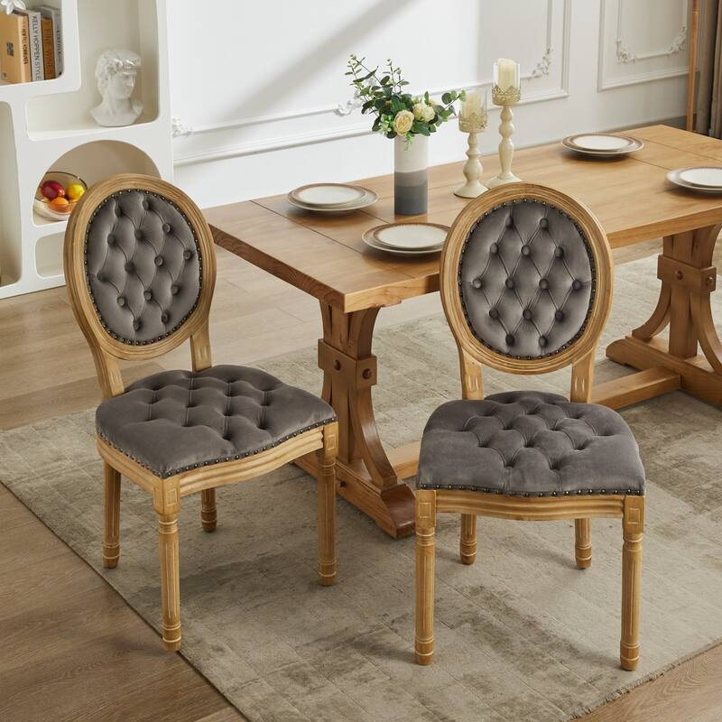 French Style Solid Wood Frame Dining Chair with Round Back, Set of 2 Velvet Kitchen Accent Chairs with Nailhead Trim - Grey
