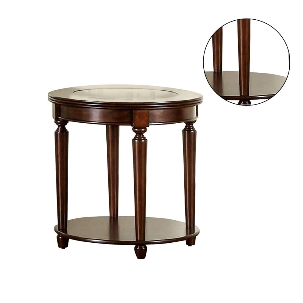 Tempered Glass and Wood End Table in Dark Cherry Finisih On Sale