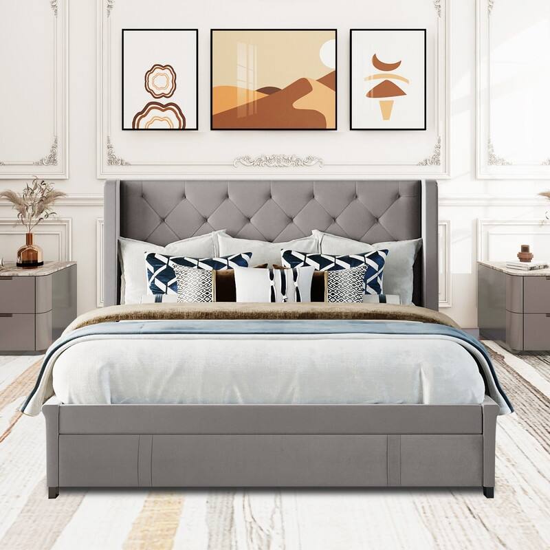 Queen Bed Frame with Storage Drawer, Velvet Upholstered Storage Bed with Button Tufted Headboard