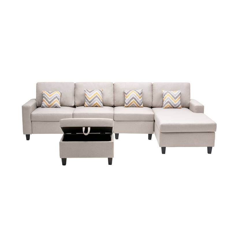 Linen Fabric 5 Piece Reversible Sofa Chaise with Interchangeable Legs, Storage Ottoman, and 4 Pillows in Beige