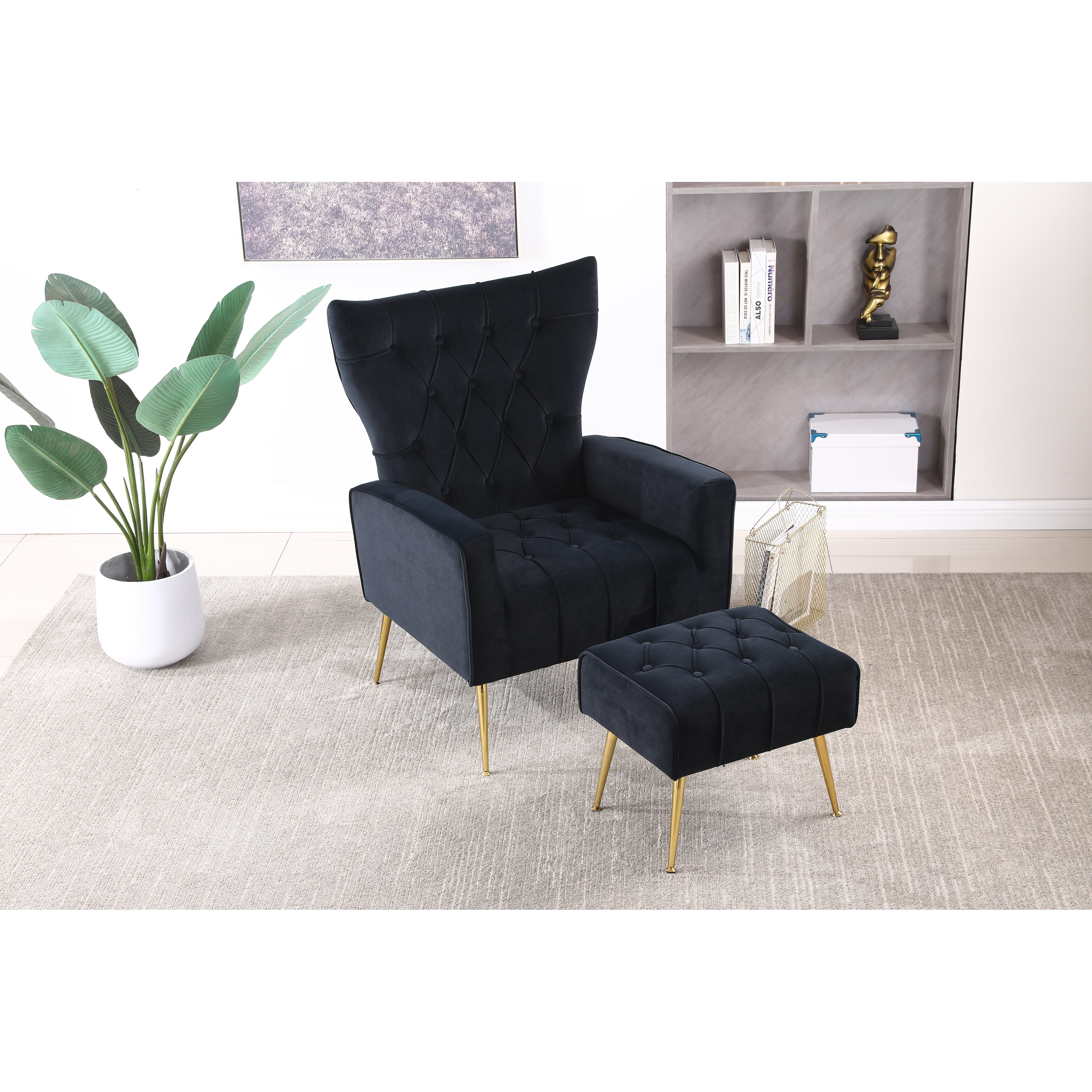 Livingroom Accent Chair with Ottoman Upholstered Tufted Velvet