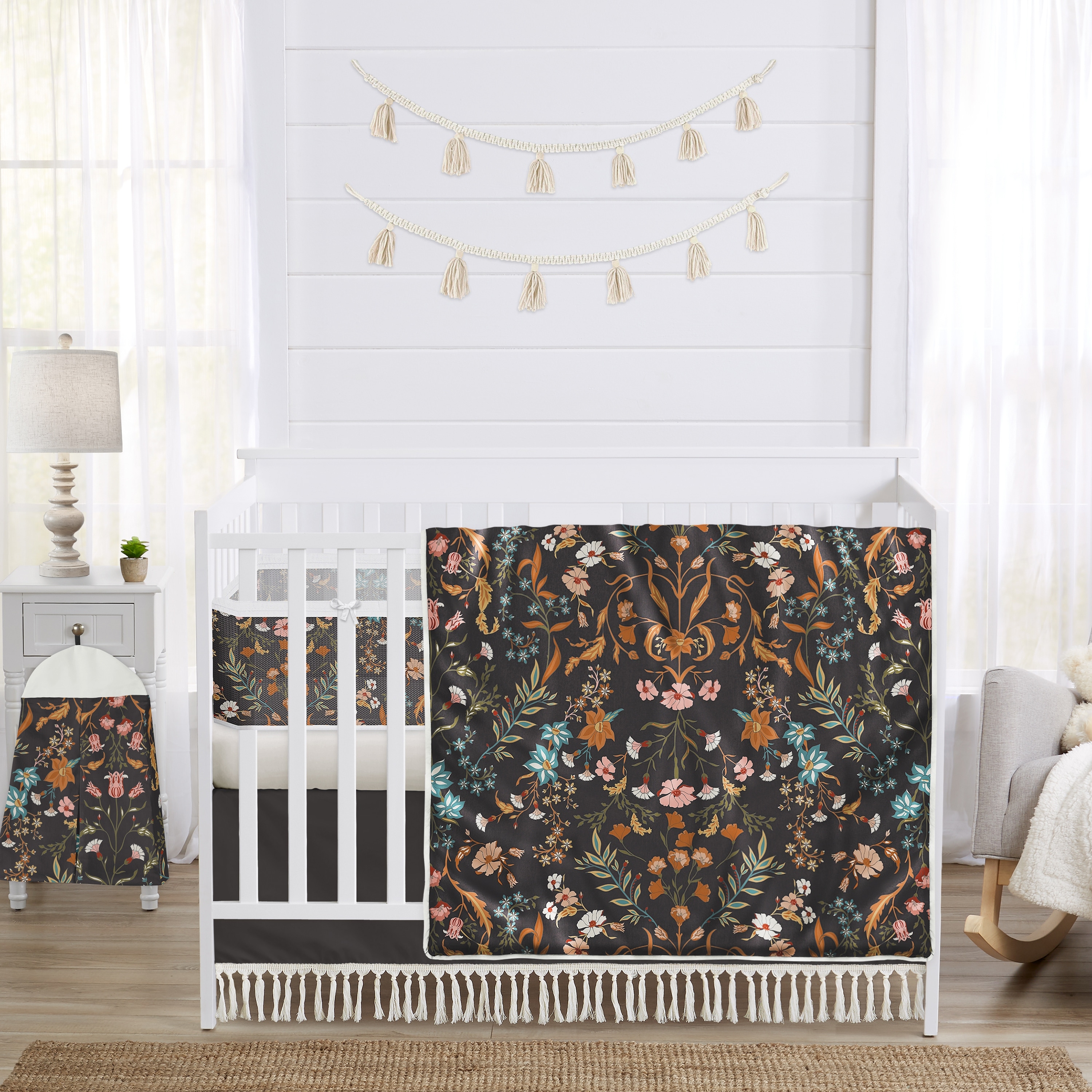 Sweet Jojo Designs Black Boho Wildflower Vintage Floral Girl 6p Crib Bedding + BreathableBaby Breathable Mesh Liner