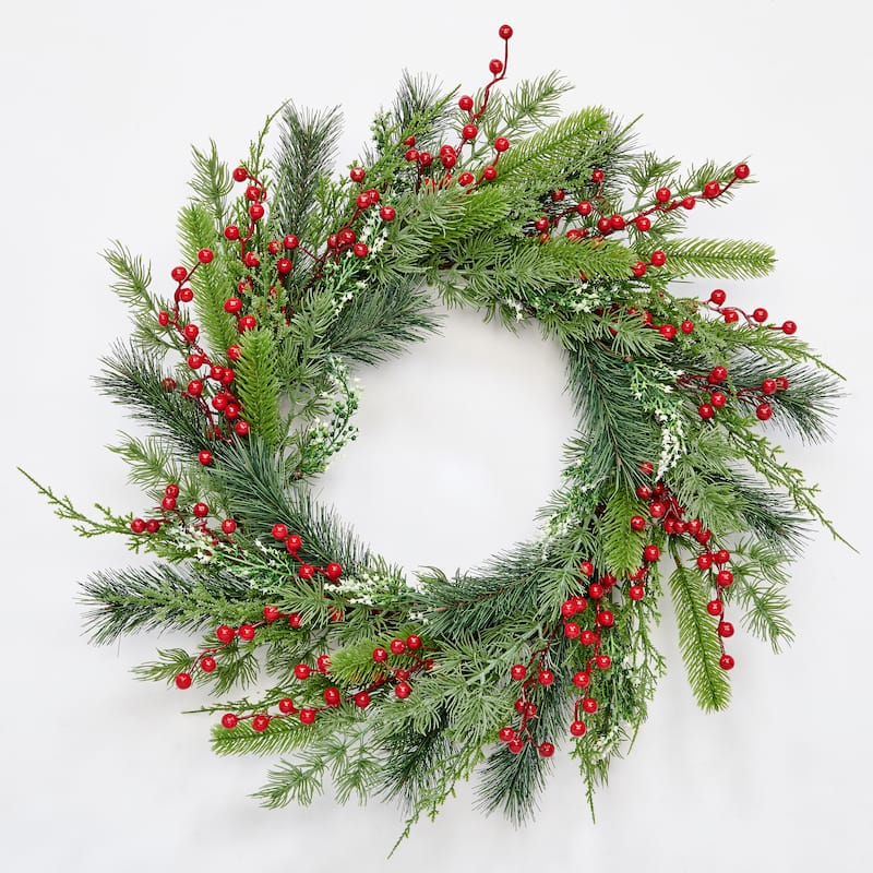 23" Artificial Christmas Mixed Evergreen Pine & Red Berry Wreath - 23