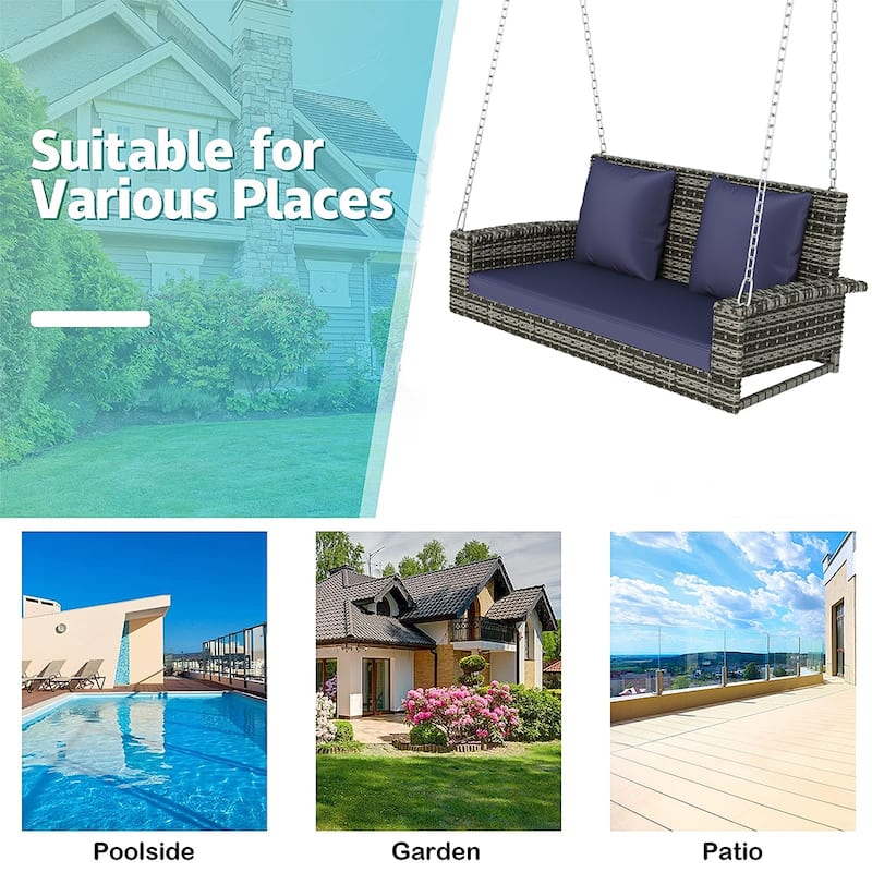 Outdoor Patio 2-Seat Wicker Porch Swing w/ Steel Chain, Cushions - 50"L x 22.4"W x 20.5"H