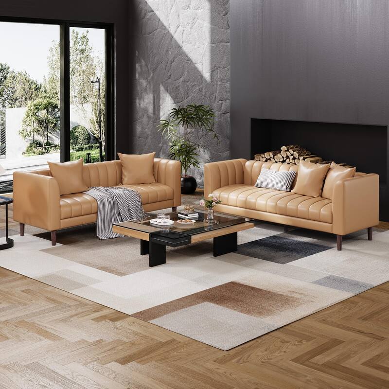 Faux Leather Sofa Couch, Modern 78" W Sofa with Deep Seats, 3 Seater Sofa Couch with 2 Throw Pillows and Wood Legs