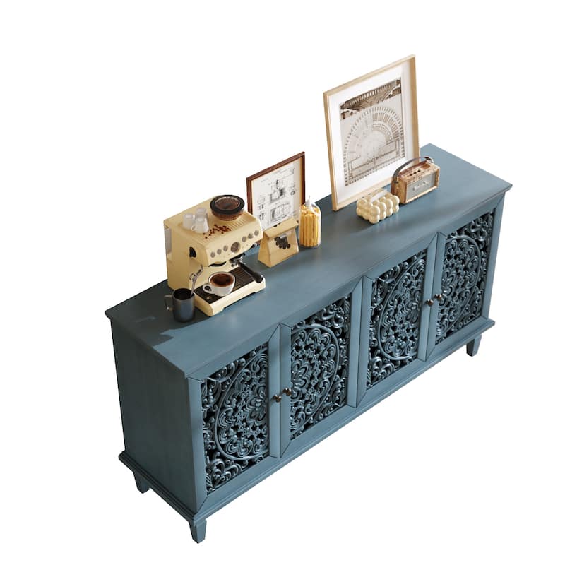 60" Antique Buffet Cabinet with Floral Carvings with Solid Wood Legs&Adjustable Shelves, TV Stand for 65''+ TV