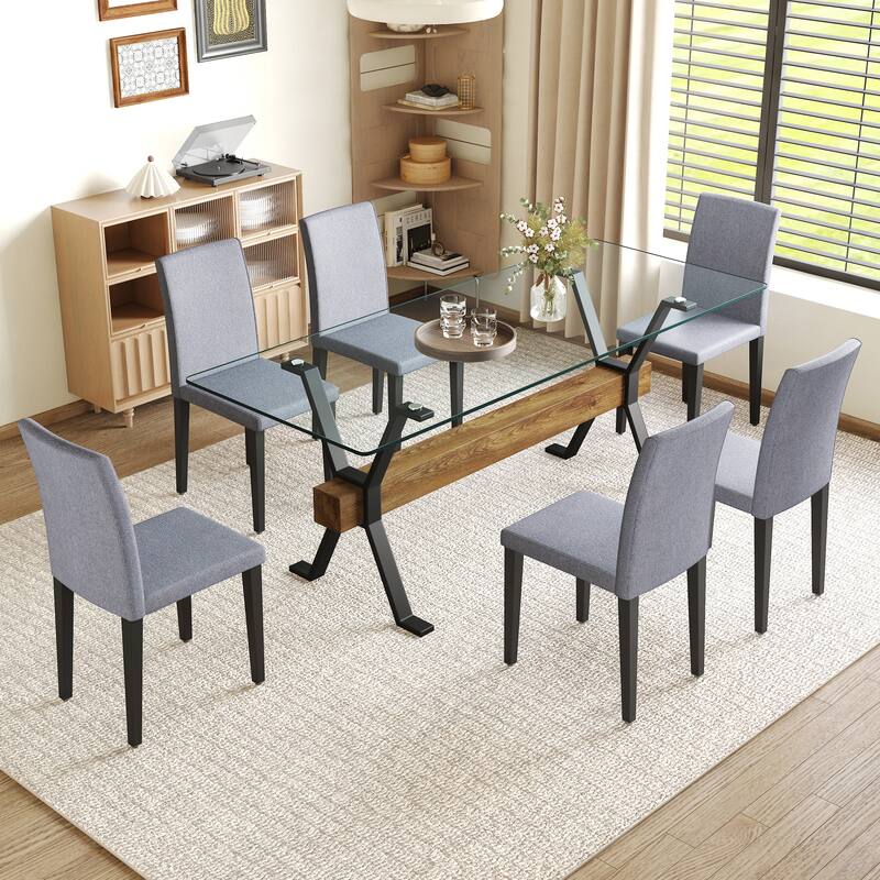 79" Glass Dining Table Set for 6, Modern Tempered Glass Table with 6 Upholstered Chairs, Kitchen Table and Chairs for 6 - Black Light Gray Linen Chairs