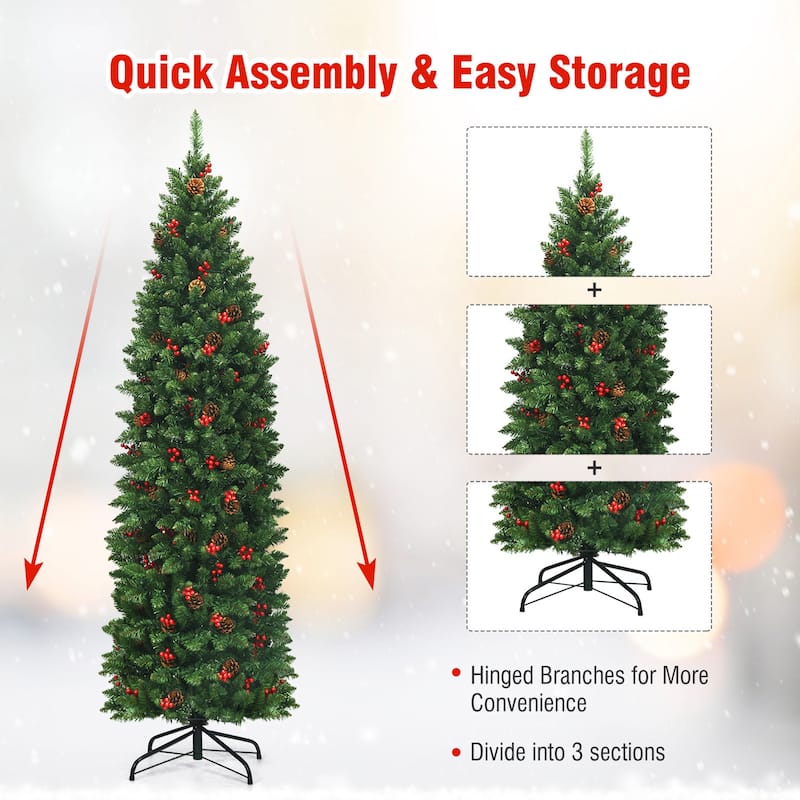Gymax 6.5Ft Pre-Lit Pencil Christmas Tree Hinged Artificial Slim Tree - See Details
