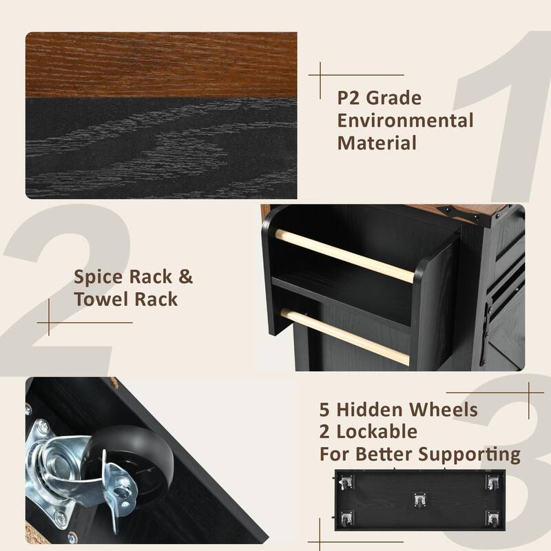 Black Kitchen Island on Wheels with Power Outlet and Sliding Barn Door