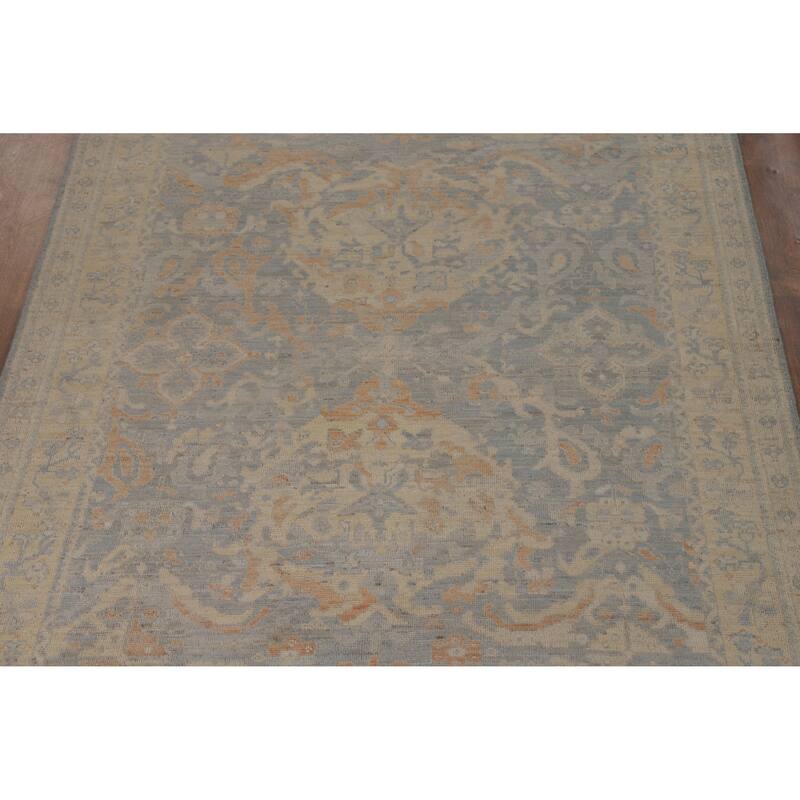Vegetable Dye Floral Oushak Turkish Area Rug Blue Handmade Wool Carpet - 5'0"x 7'11"