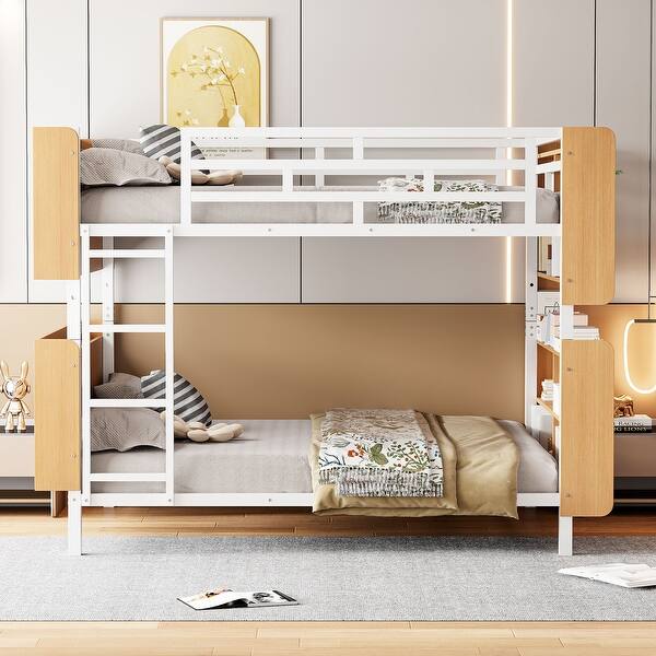 slide 2 of 30, Full Over Full Metal Bunk Bed with Ladder, Full-Length Guardrail, Storage Shelves, No Box Spring Needed, Easy Assembly, White White