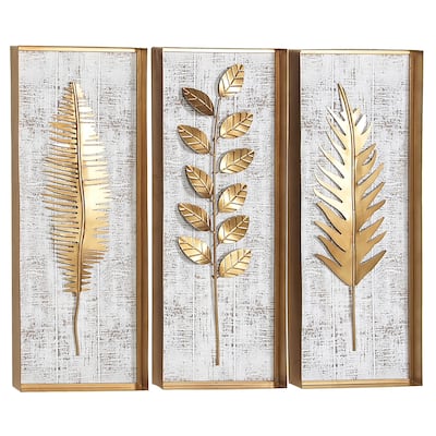 Metal Leaf Framed 3D Wall Decor with Distressed Wood Backing - Set of 3 Gold - Roche River Decor