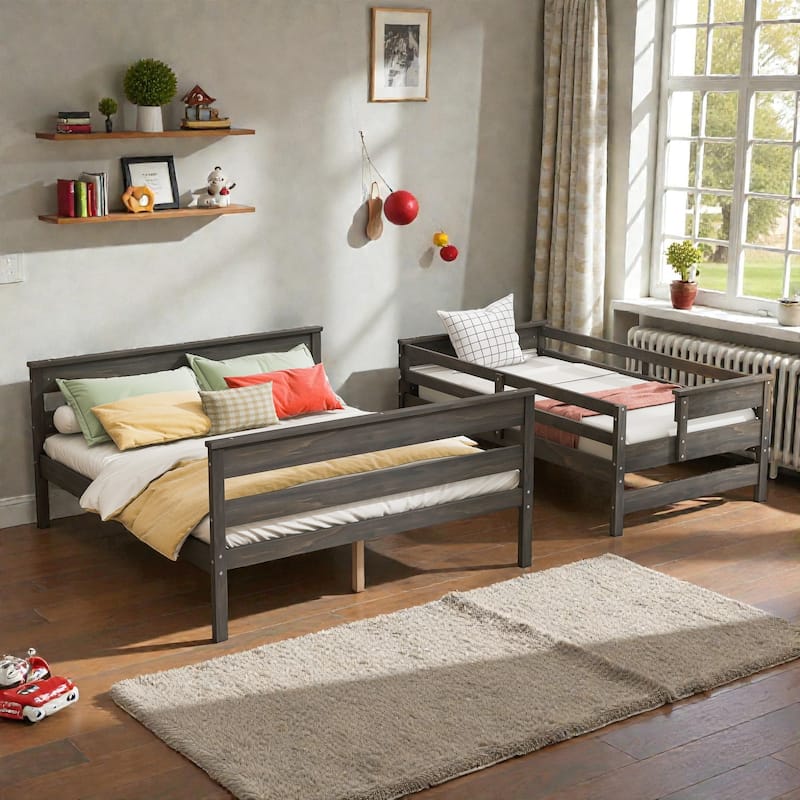 Wood Twin XL over Queen Bunk Bed with Ladder, Solid Pine Detachable Bunk Frame with Guardrails and Slat Support