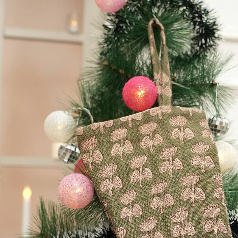 Fabdivine Handmade Linen Floral Block Print Christmas Stocking Home Décor Perfect for Gift - 10"X4.5"