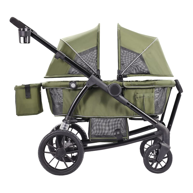 Carbon Steel All-Terrain Stroller Wagon Foldable Twin with Canopy and Tray - 47.2” L x 27.2” W x 42.1” H
