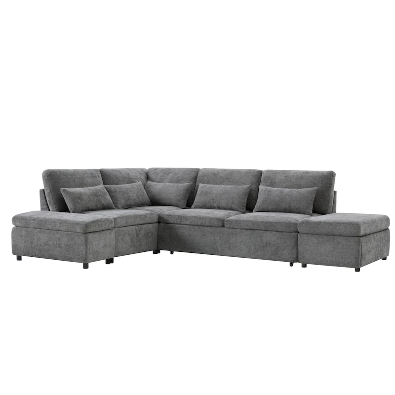 L-Shape Modular Chenille Sectional Sofa Convertible Sleeper Pull-out Sofa Bed with Dual-use Storage Ottoman and Charging Ports